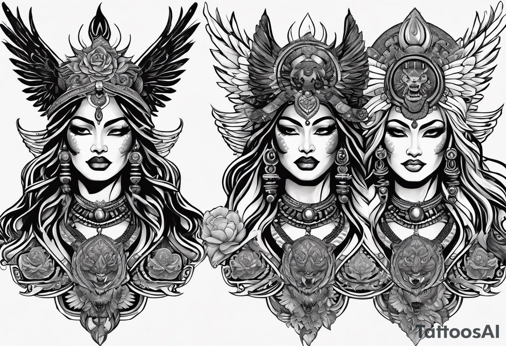 black kali, goddess pirate, alien, angel, pachamama, valkrye, warrior, flying, skull, lotus azul, wing, eagle, zenza resonance, stars, 5D, anahata chakra, death, durga, riding on a tiger, flying lady, kundalini, chest tatoo, samuri, rebel tattoo idea