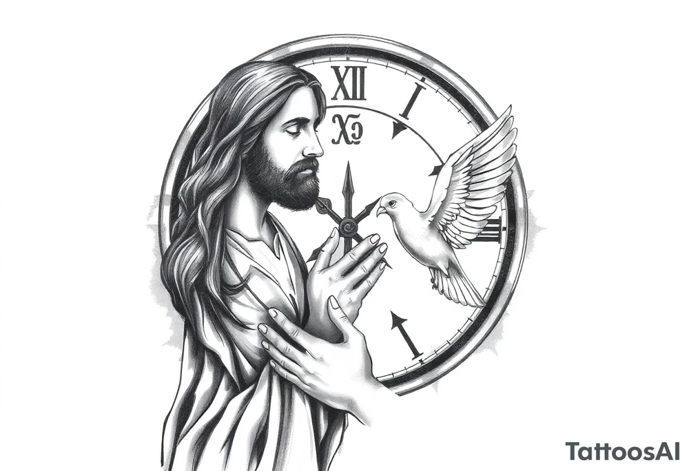 Clock in background, jesus praying, the creaton of adam, dove tattoo idea