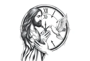 Clock in background, jesus praying, the creaton of adam, dove tattoo idea