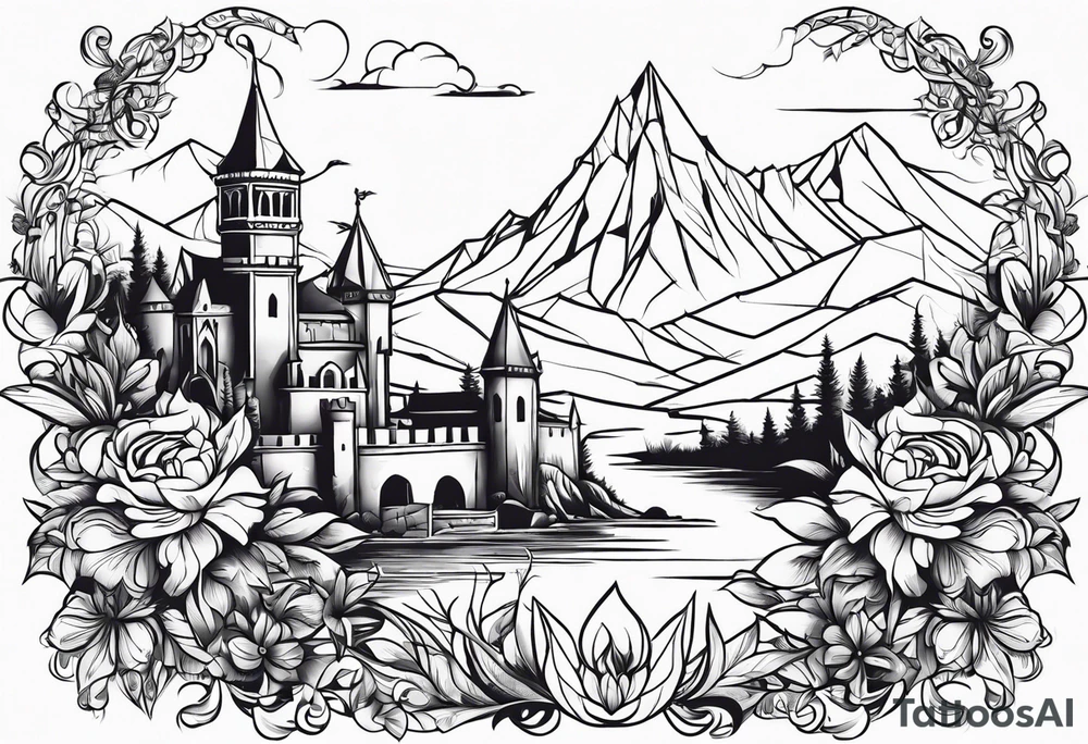 medieval tribal city land flowers vignette tattoo idea