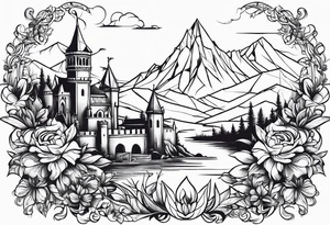 medieval tribal city land flowers vignette tattoo idea