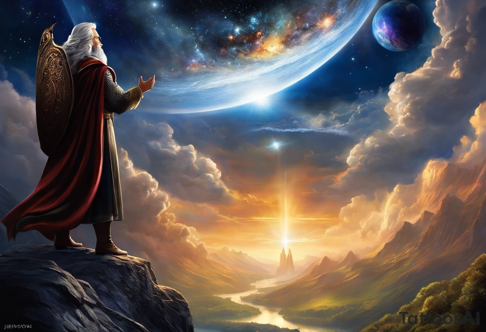 Jehovah looking out at the marvels of his creation from the atoms to the galaxy and celestial beings. With grey wash and a fantasy theme. Jehovah has to be a character who is so majestic, charismatic, immensely powerful. There isnt a single thing he isnt capable of doing. Infinitely powerful forward facing. Without the pagan styled attire and without the pagan symbols etceterashirtless, large muscular athletic physique, deep muscle definition tattoo idea