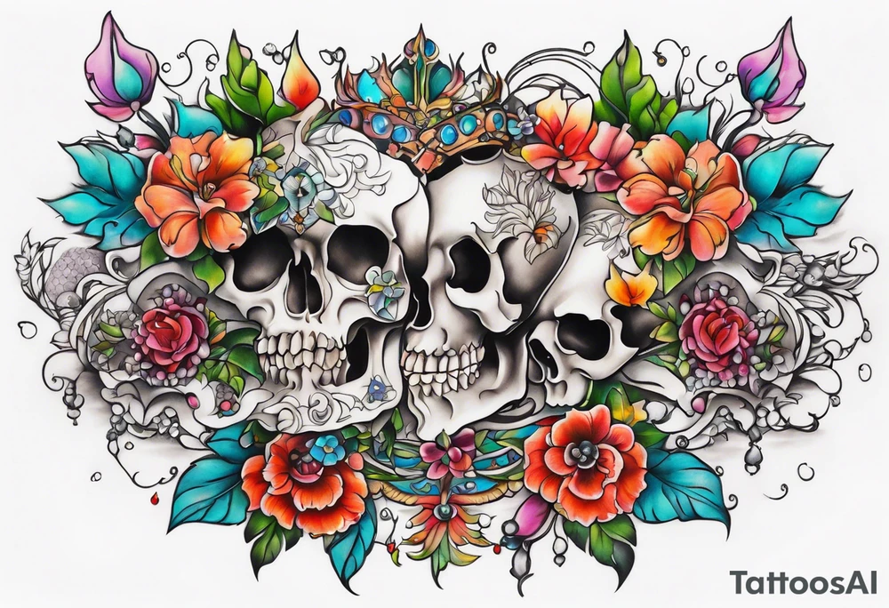 Neo traditional floral chest piece tattoo with small animal skulls and crystals tattoo idea