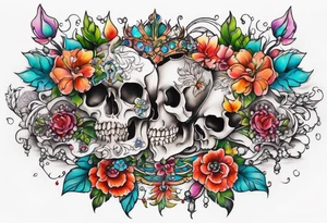 Neo traditional floral chest piece tattoo with small animal skulls and crystals tattoo idea