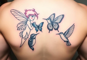 A blonde and pink haired fairy, a blue butterfly, a hummingbird, and a flying squirrel tattoo idea