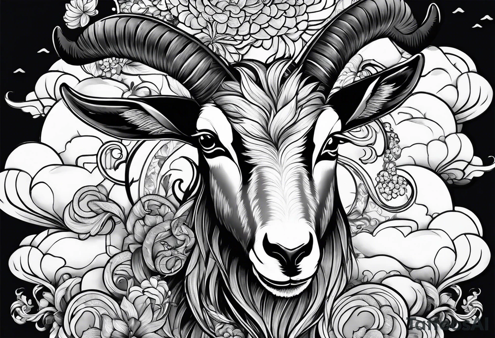 asian goat tattoo with japanese clouds tattoo idea