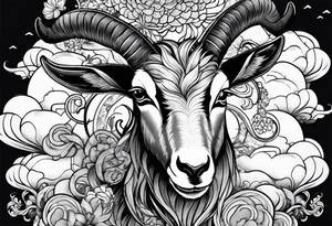 asian goat tattoo with japanese clouds tattoo idea