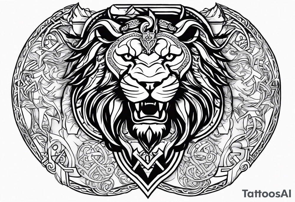 Valhalla shield sword lion dragon runes tattoo idea