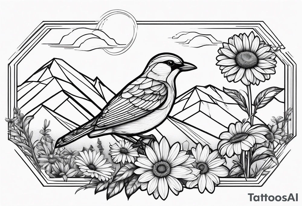 Geometric Black and white bird outline with mountains in distance and a daisy tattoo idea