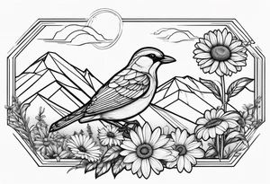 Geometric Black and white bird outline with mountains in distance and a daisy tattoo idea