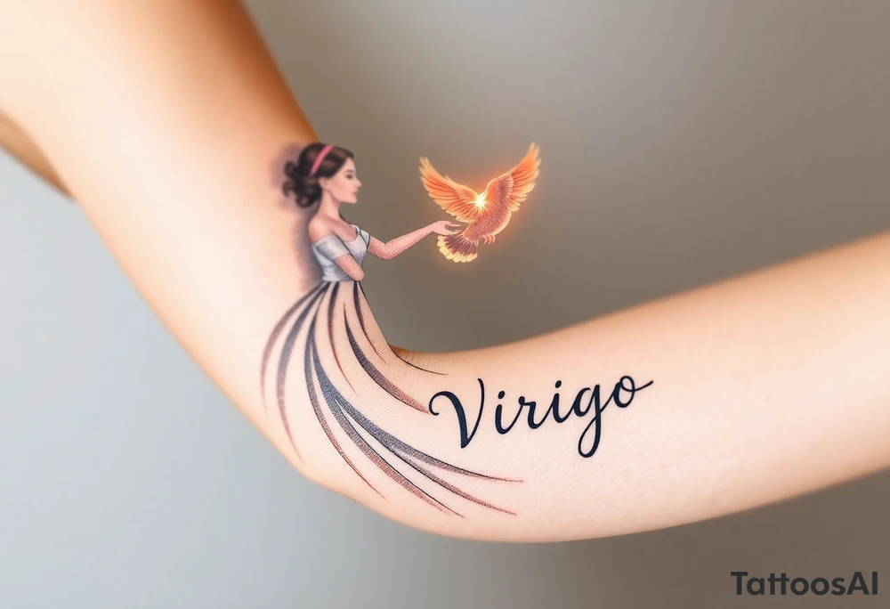 A young woman in a white flowing dress, releasing a glowing dove into the night sky and the word virgo tattoo idea