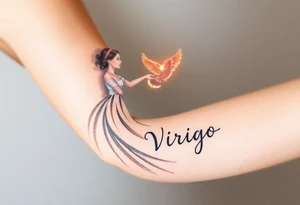 A young woman in a white flowing dress, releasing a glowing dove into the night sky and the word virgo tattoo idea