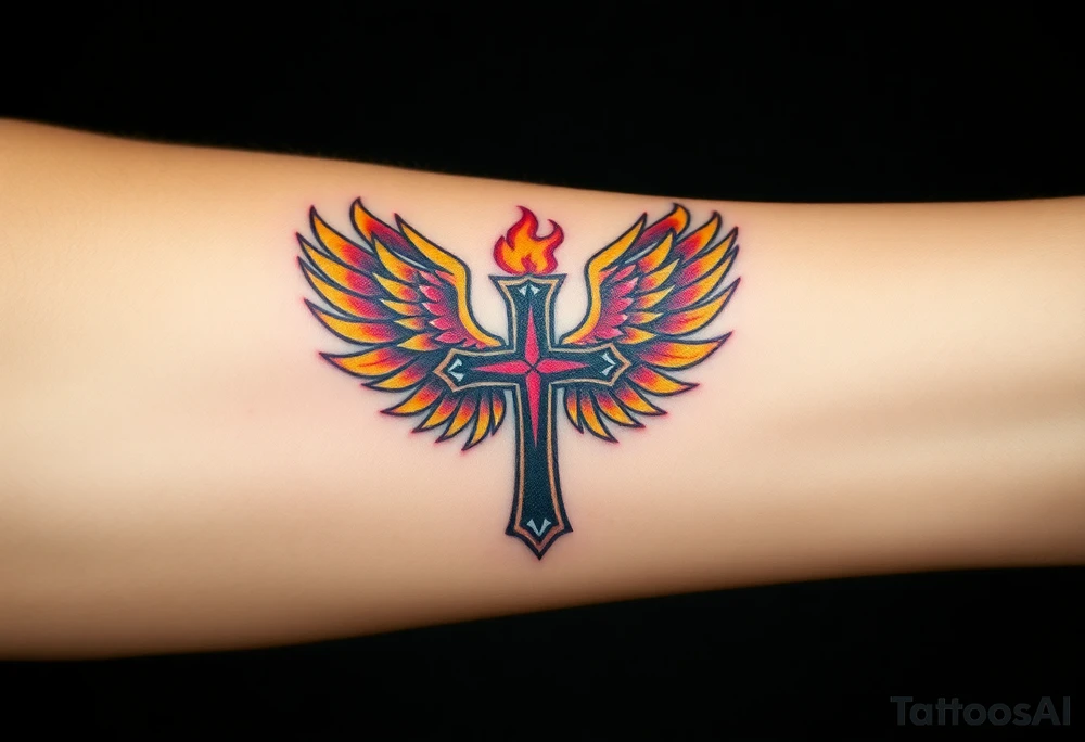 A flaming cross with phoenix wings, colored in shades of red, orange, and yellow, symbolizing rebirth tattoo idea