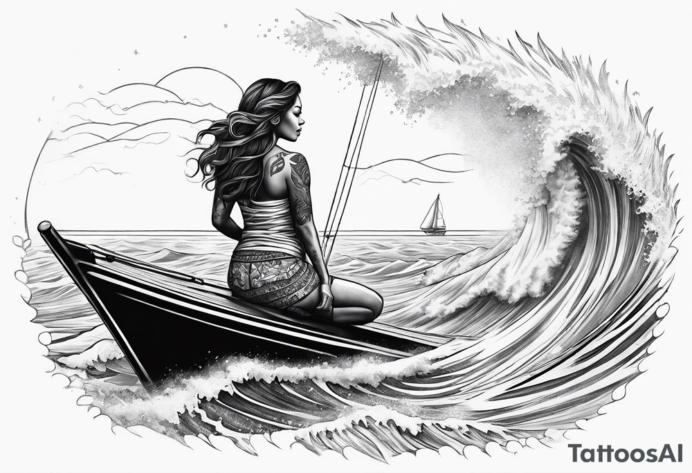 Hula girl on a sailboat with waves tattoo idea