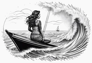 Hula girl on a sailboat with waves tattoo idea
