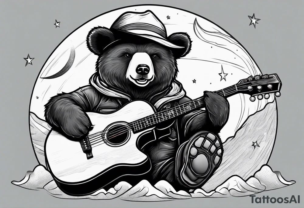 bear in truckers hat playing guitar on the moon tattoo idea