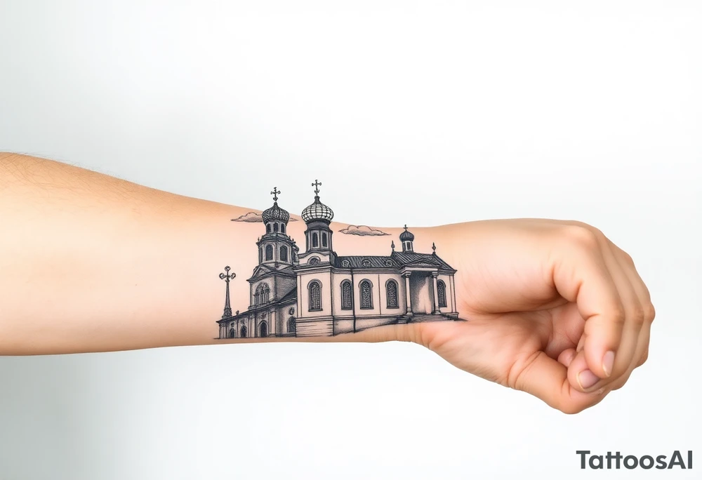 highly detailed Russian Orthodox cathedral sitting on fore arm with onion domes and orthodox crosses, done in fine line, engraving-like style. Cohesive composition, black ink only, no color, high contrast, slightly aged, documentary-style, plain light background. with clouds above it and a virgin mary over looking tattoo idea