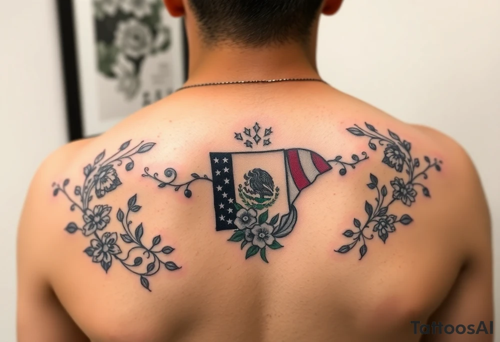Small, feminine tattoo for placement on my clavical or lower back that reflects new life journey, delicate florals, ornaments and vines. Include U.S and Mexican flags and images of Mexican flowers. Design as if painted on a 3x3 Mexican tile with red, green and blue accents. tattoo idea