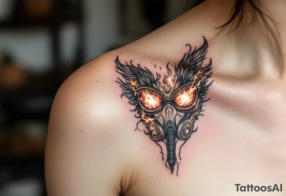 A detailed breathing mask with fire reflecting in the visor tattoo idea