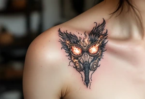 A detailed breathing mask with fire reflecting in the visor tattoo idea