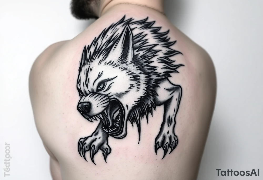 a tattoo of a creeping wolf with bared fangs, the tattoo is to be on the entire thigh and show the entire figure of the wolf that creeps, crouching low and baring its fangs tattoo idea
