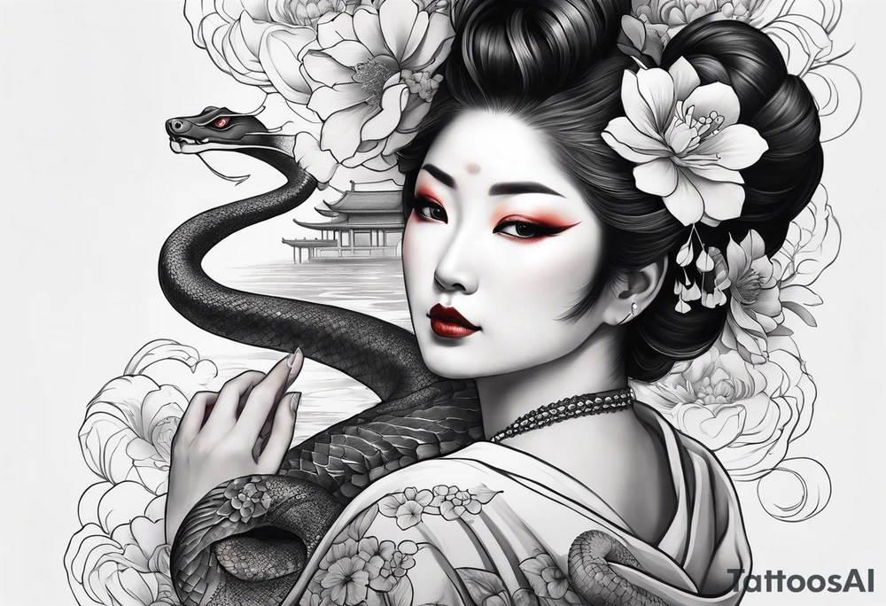 High contrast black and grey Japanese full arm tattoo, geisha on upper arm and snake with flowers going down the forearm imagine tattoo idea