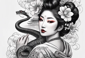 High contrast black and grey Japanese full arm tattoo, geisha on upper arm and snake with flowers going down the forearm imagine tattoo idea