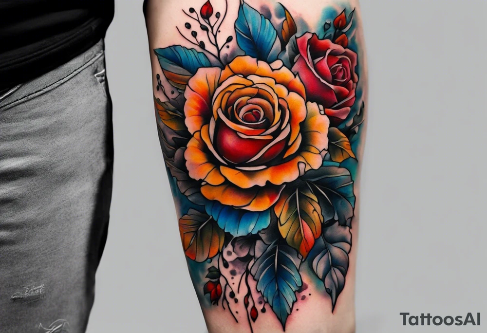 Front knee tattoo with fall colors, small flowers, rose, leaves, blue water flows with washes and background using Trash Polka style tattoo idea