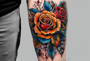 Front knee tattoo with fall colors, small flowers, rose, leaves, blue water flows with washes and background using Trash Polka style tattoo idea