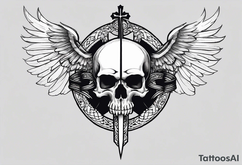 In the center is a half skull pierced by a large sword. On either side of the skull, there are spread angel wings, Beneath the skull is a ribbon cross elements on that, ribbon weaves through both the skull and the sword tattoo idea
