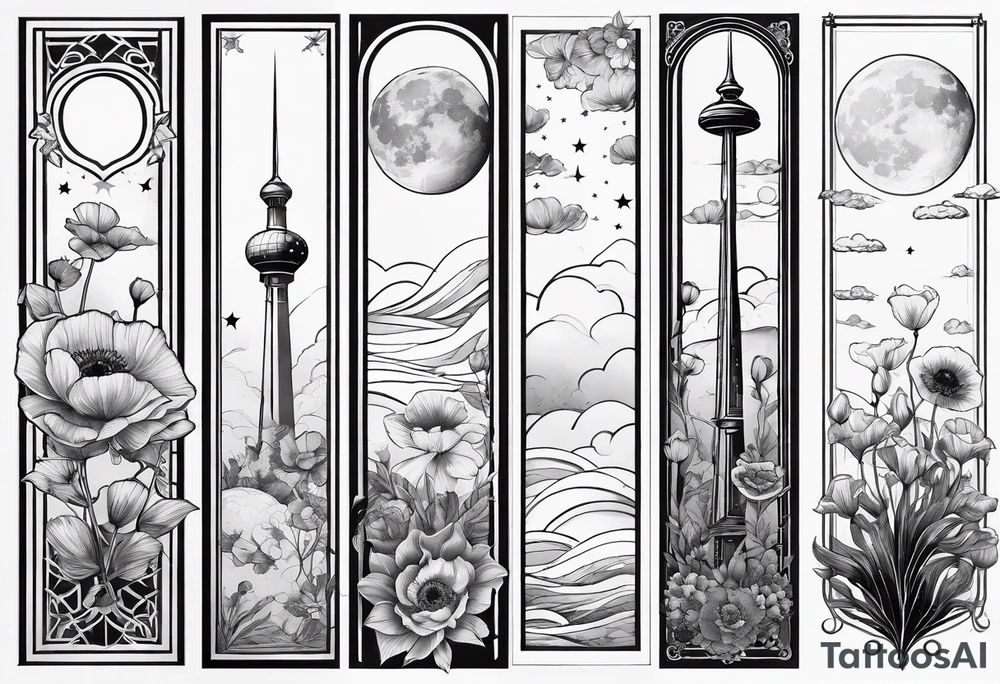 fine line vertical spine tattoo with stars, moon, clouds, poppy tattoo idea