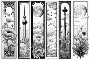 fine line vertical spine tattoo with stars, moon, clouds, poppy tattoo idea