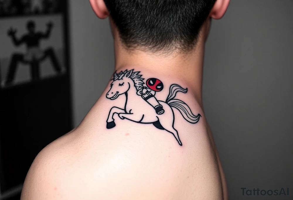 Deadpool riding cartoon unicorn pointing rocket propelled grenade launcher tattoo idea