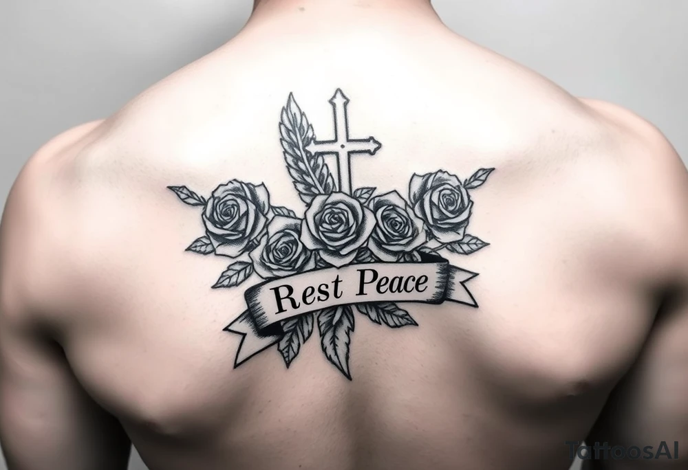 Hip hop religious rest in peace with roses and a banner for a name full sleeve tattoo idea