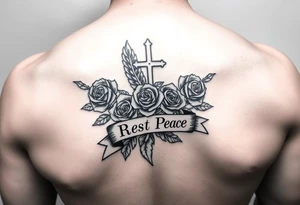 Hip hop religious rest in peace with roses and a banner for a name full sleeve tattoo idea