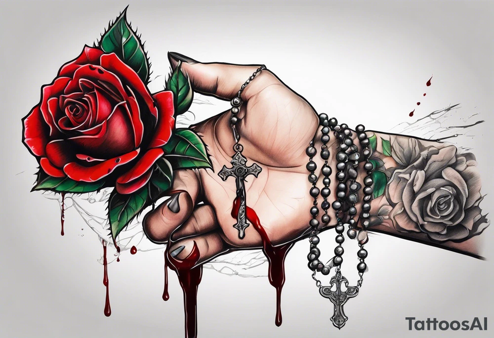 Feminine hand holding a rose with blood dripping down the hand from the thorns with 3 hanging rosary beads. tattoo idea