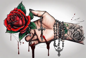 Feminine hand holding a rose with blood dripping down the hand from the thorns with 3 hanging rosary beads. tattoo idea