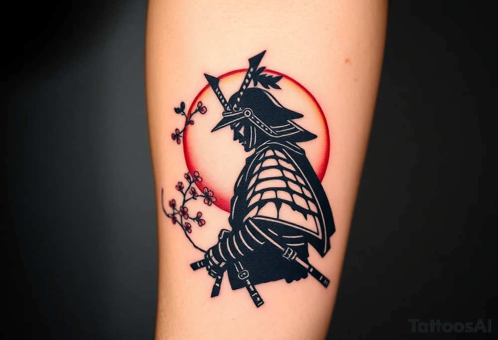 noble samurai warrior silhouette at sunset with cherry blossoms tattoo idea