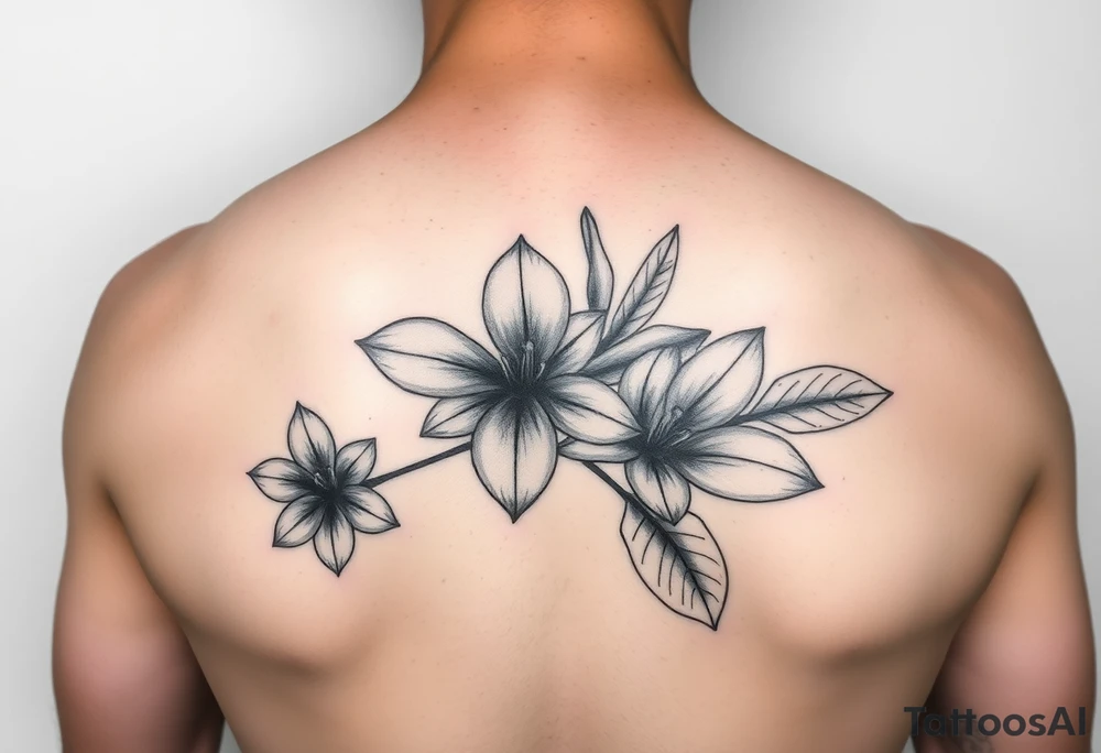 Beautiful, feminine, complex, detailed shading and cohesive mixture of the following: sampugita flower, anahaw (Livistona rotundifolia), ylang ylang tattoo idea