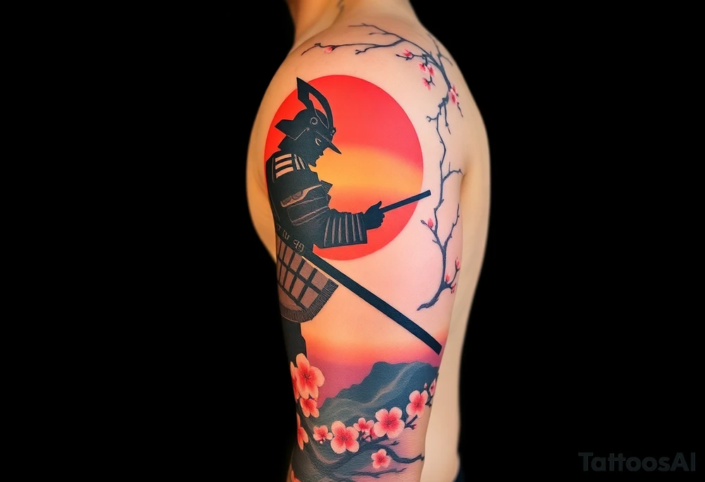 noble samurai warrior silhouette at sunset with cherry blossoms tattoo idea