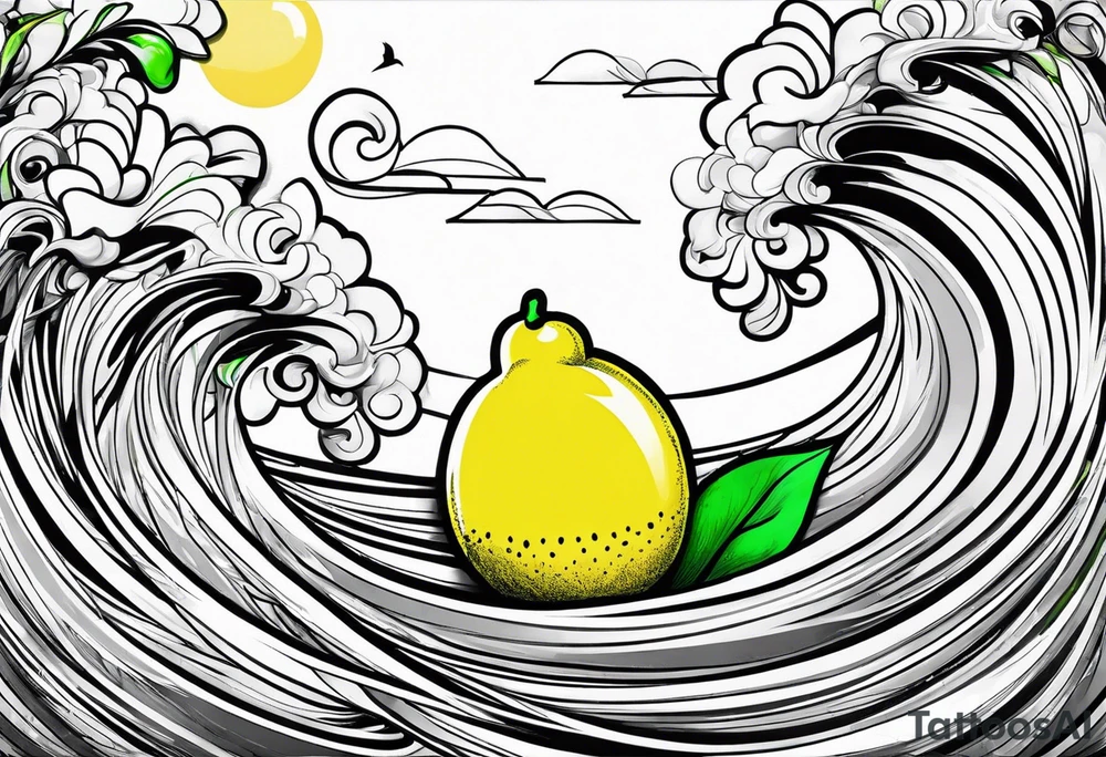 A lemon-Buoy with a green leaf-flag on waves tattoo idea