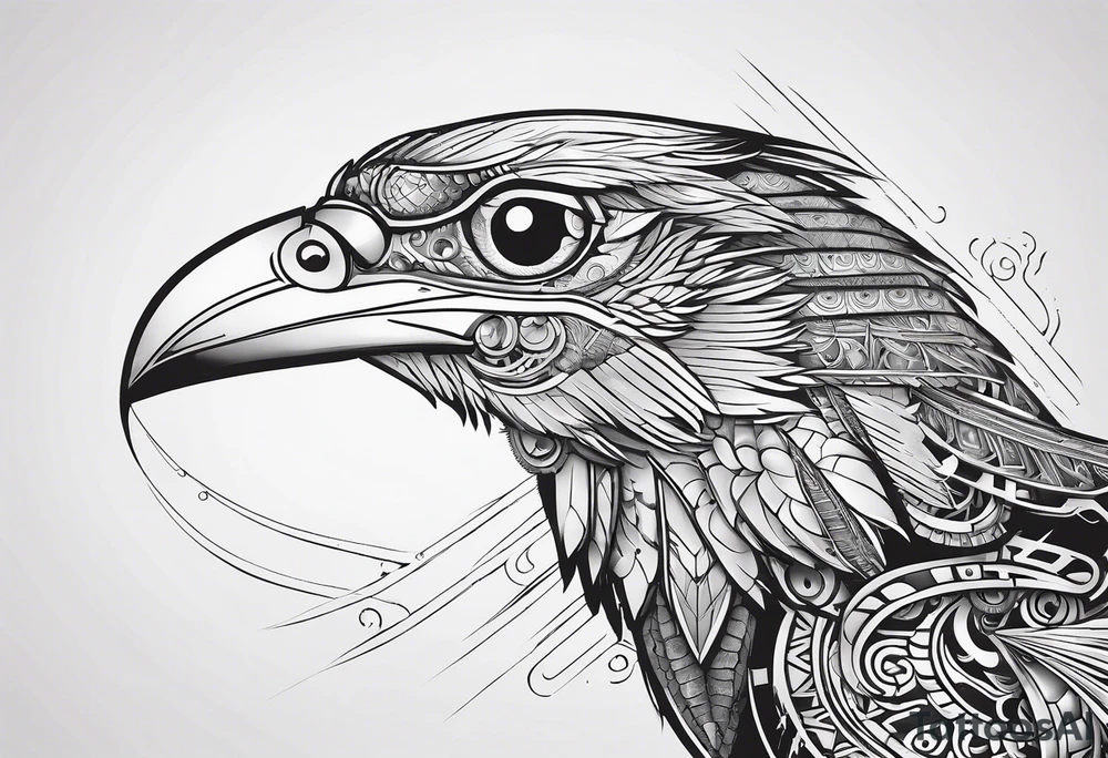 Minimalist Cyberpunk Mayan Quetzal that has cybernetic neurons coming from the bottom. tattoo idea
