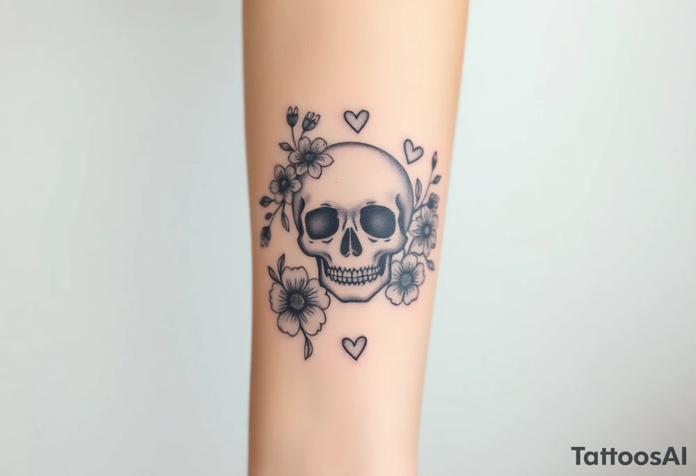 Pretty skull surrounded by wildflowers and hearts tattoo idea