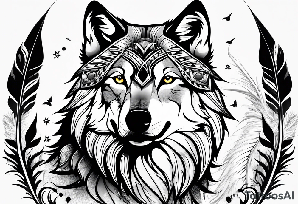 indian, wolf, feathers, water, nature tattoo idea