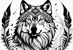 indian, wolf, feathers, water, nature tattoo idea