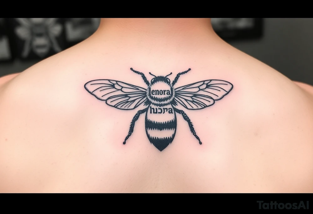 Lenora written in Hebrew inside of a bumblebee tattoo idea