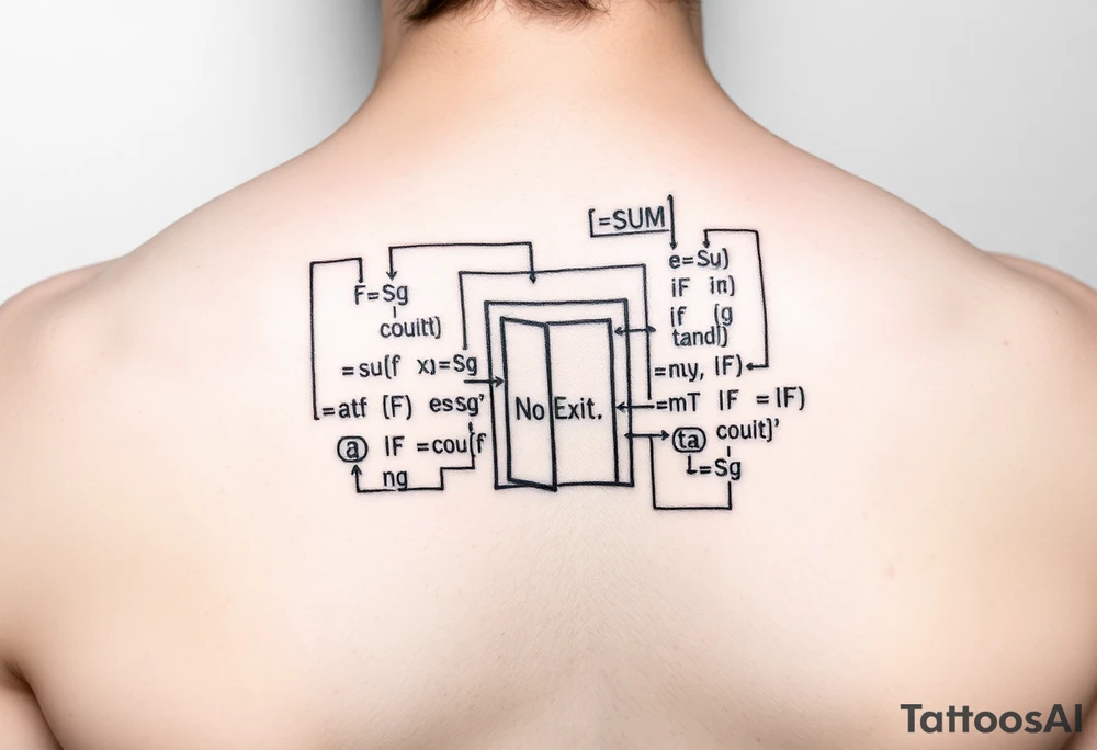 "Rat maze tattoo made of Excel formulas (=SUM, =IF). Exit door says 'No Exit' in Calibri font. Black ink, schematic style." tattoo idea