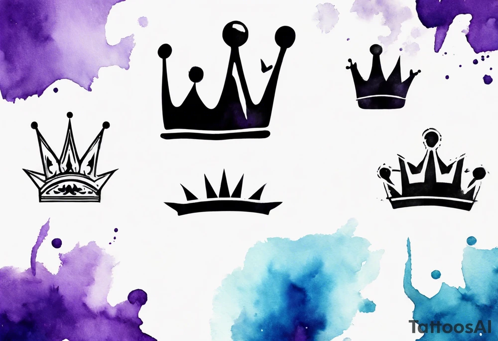 A tattoo of a minimalistic black crown and some negative space on a water color background of purple and blue. tattoo idea