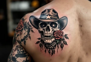 a full body skeleton cowboy gunslinger with a rose in his mouth. tattoo idea