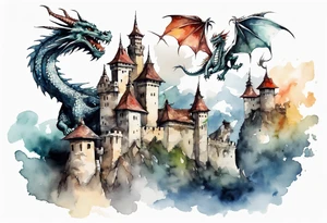 3 dragons flying around the highest part of the castle, defending it from a village with angry people tattoo idea